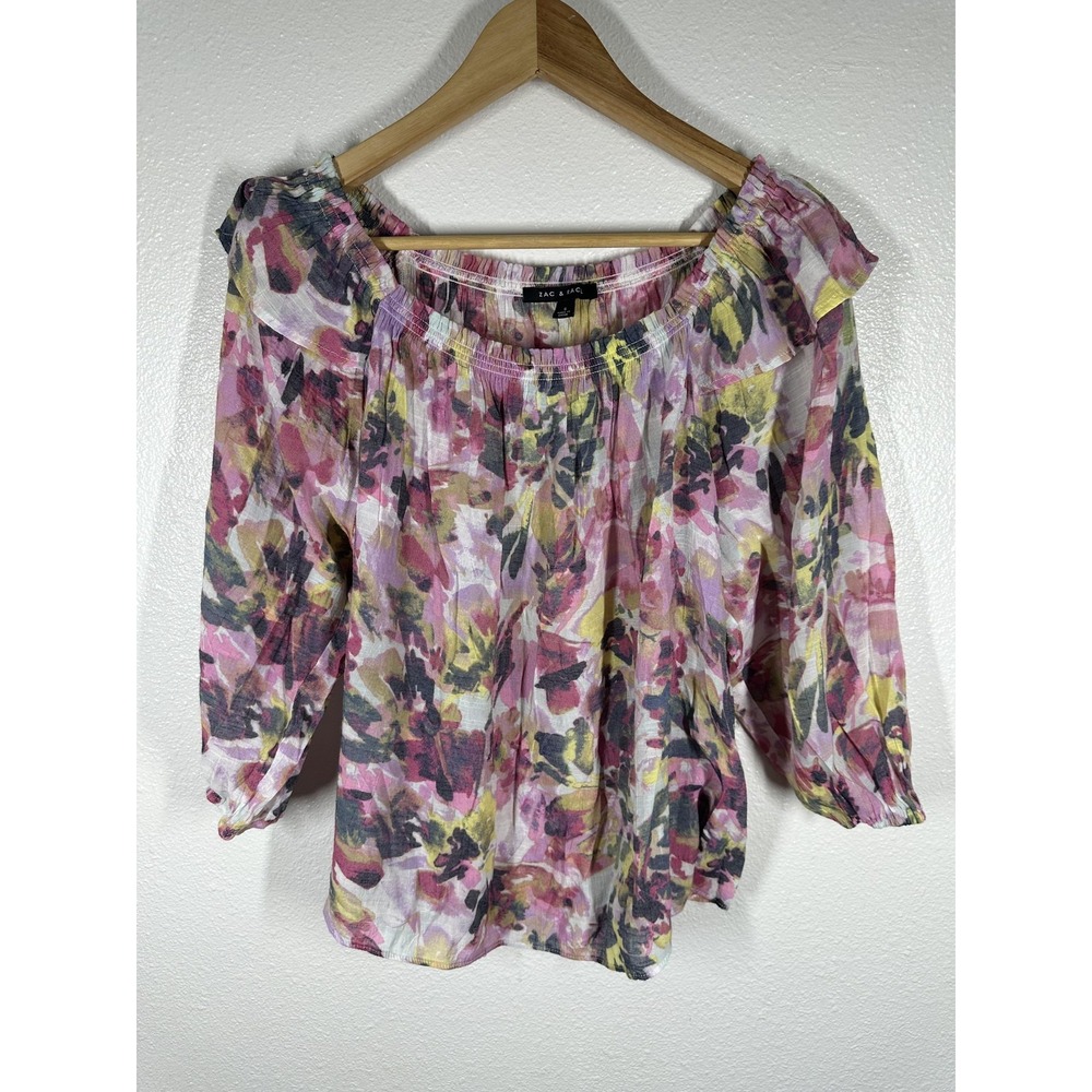 Zac & Rachel Blouse Womens Small Multi Floral Off‎ Shoulder 3/4 Sleeve Sheer Top